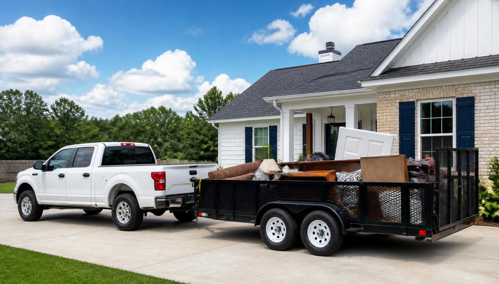 Black junk removal truck and trailer loaded with furniture on a clean residential driveway